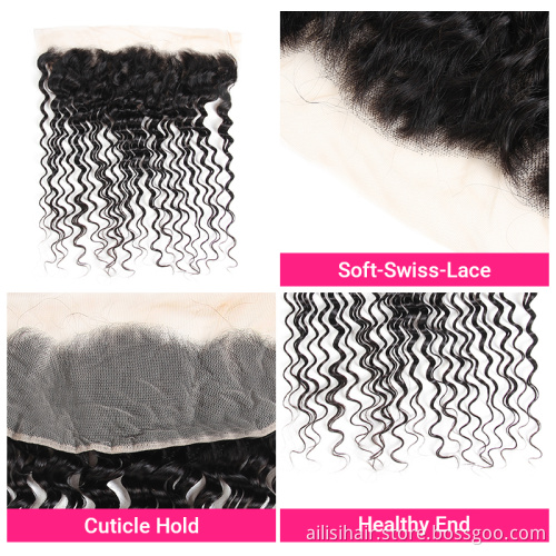 Free Shipping 9A Grade Silk Virgin Brazilian Deep Wave Hair Top Closure Lace Frontal 13X4 With Bundles Sale